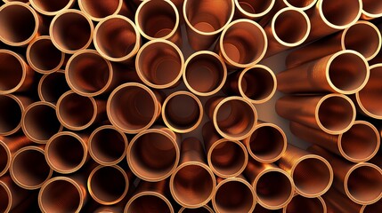 Copper pipes background. Round-shaped metal pipes, banner. Products for housing and communal services; construction industry
