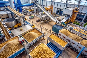 Aerial view of a modern factory producing dry pet food, with conveyor belts, silos, and machinery whirring, surrounded by stacks of packaged pellets and raw materials.