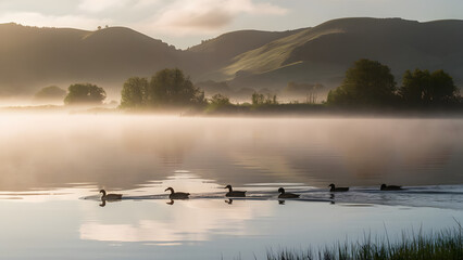 A serene landscape featuring a calm lake at dawn, with mist rising from the water. Silhouetted ducks swim in a line across the lake, surrounded by lush green hills and trees in the background.