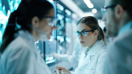 Futuristic Laboratory Team Analyzing Data on Holographic Screen