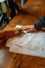 Naklejka premium Signing a pet medical insurance contract. Contract form, person's hand and dog, dog's paw on the table. Animal life insurance, pet care, animal protection.
