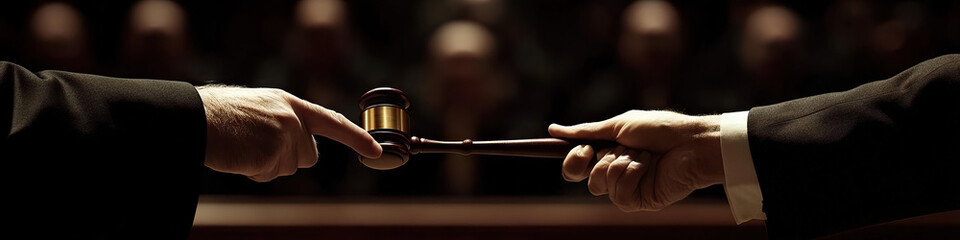 Judicial Showdown: Lawyers facing off, gavel in hand, in a stark courtroom.
