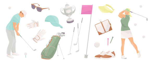 golf players male and female characters and set elements about golf - clubs, shoes, flag, sunglasses, competition cup, gloves, golf bag, ball, clash notebook