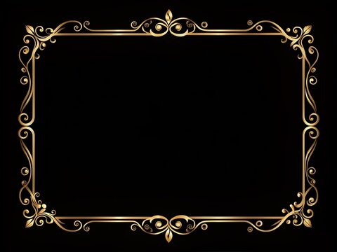 Elegant thin vintage gold frame on a black background, ornate rectangular shape with subtle distress, perfect for adding text or design elements within.