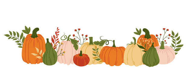 Colorful Pumpkins and Autumn Leaves. Thanksgiving Harvest Fall Pumpkin Holiday Food