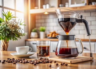 Freshly brewed coffee pouring from a carafe into a waiting coffee maker, surrounded by coffee beans and filters, in a bright and modern kitchen setting.