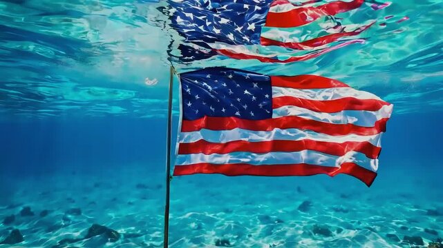American flag waving underwater, blue water background.