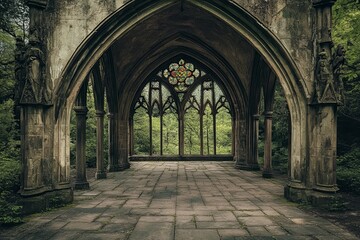 Fototapeta premium A closed Gothic archway is framed by vibrant greenery in a tranquil forest. Generative AI