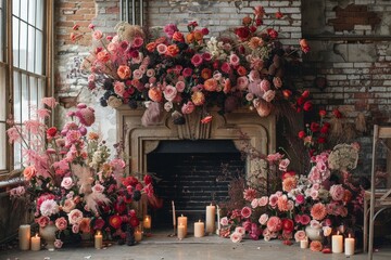 gothic wedding backdrop with a grand fireplace, dark flowers, and candles creating a dramatic and moody ambiance