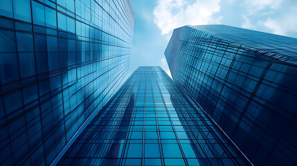Modern glass skyscrapers viewed from below.