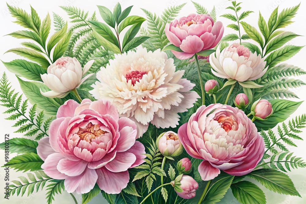 Sticker delicate pink and white peonies bloom in lush verdant foliage, surrounded by gentle ferns and leaves