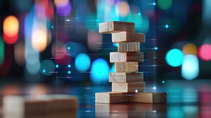 Futuristic Financial Analysis with Holographic Tax Charts Surrounding Wooden Block Tower, Innovative Finance Strategy with Glowing Visuals