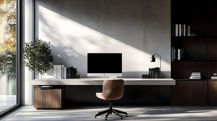 Modern home office desk with a computer, chair, and natural light.