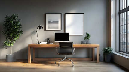 Modern home office desk with computer and plants.