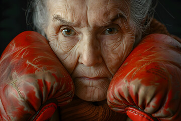 Determined elderly woman with gray hair, wearing red boxing gloves, exuding strength and resilience.
