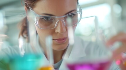 Fototapeta premium Innovative Female Scientist Conducting Chemical Experiments with Colorful Liquids in Modern Lab for Pharmaceutical Advancements
