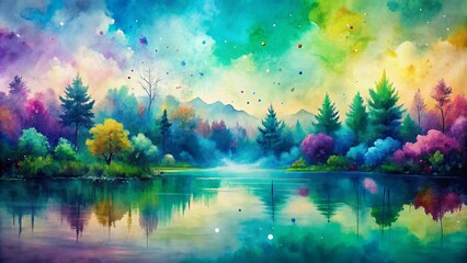 Vibrant watercolor paint splash creates a stunning abstract landscape with soft blended hues of blue, green, and purple, evoking a sense of serenity.