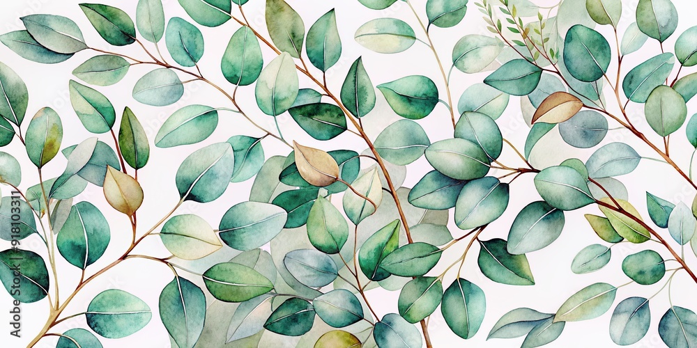 Poster delicate eucalyptus leaves and branches in soft, dreamy watercolor hues, arranged in a beautiful, wh