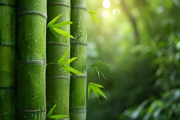 Obraz premium Serenity in Bamboo Forest with Dew-Kissed Leaves and Sunlight - Nature Background for Meditation and Relaxation