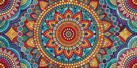 Vibrant abstract circular mosaic pattern features intricate hand-drawn design with bold geometric shapes, swirling curves, and playful colors perfect for fabric and print design.