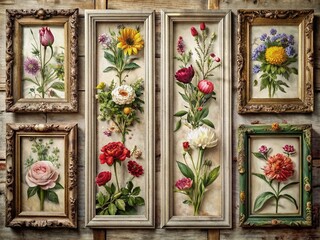 Whimsical vintage botanical illustrations of floral plants and flowers in distressed frames, adorned with ornate details, showcasing elegance and beauty of bygone era.