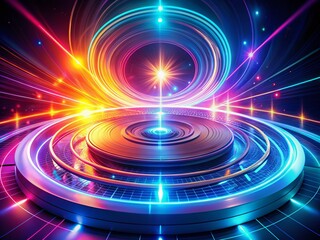 Vibrant glowing lines swirl around a futuristic circular turntable, emitting a mesmerizing digital aura, evoking innovation and technological advancement in a stunning abstract backdrop.