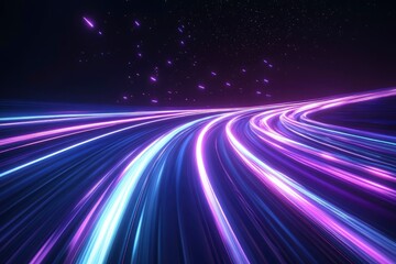 3d Render, Blue purple speed light line through dark background, abstract fast highway patch, hyper speed warp in space with generative ai