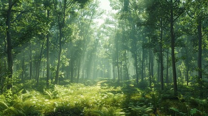 Obraz premium Serene sunlight filters through a lush forest in the early morning hours, illuminating ferns and tranquil nature