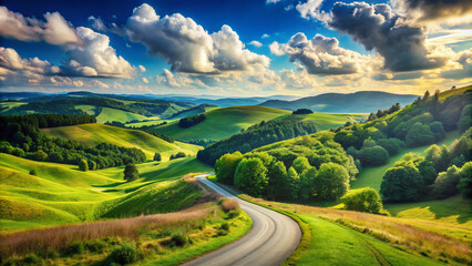 Obraz premium Serene winding road carves a scenic path through rolling hills and lush green forests under a bright blue sky with fluffy white clouds.