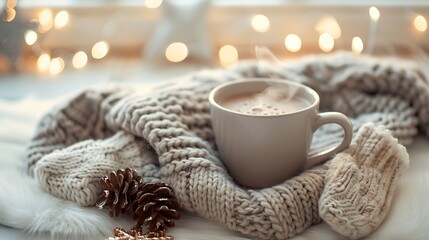 A cozy winter setup featuring a steaming cup of hot cocoa, a knitted scarf, and a pair of mittens on a white background. The scene evokes warmth and comfort.