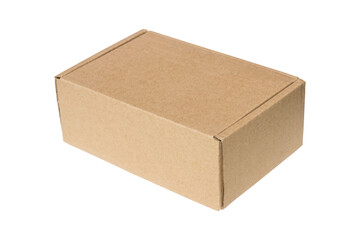 Plain brown cardboard box with flaps, perfect for shipping or storage. Isolated on a transparent background for presentations or packaging design concepts.