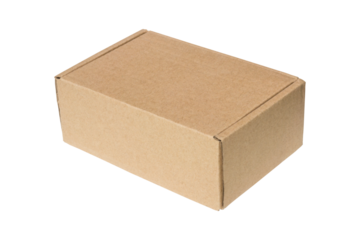 Plain brown cardboard box with flaps, perfect for shipping or storage. Isolated on a transparent background for presentations or packaging design concepts.