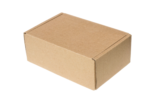 Plain brown cardboard box with flaps, perfect for shipping or storage. Isolated on a transparent background for presentations or packaging design concepts.