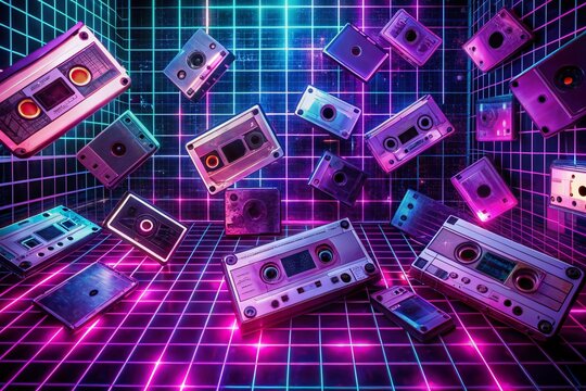 Neon-lit, distressed grid with cassette tapes, VHS tapes, and retro video game console silhouettes amidst a psychedelic backdrop of swirling purple and pink hues.