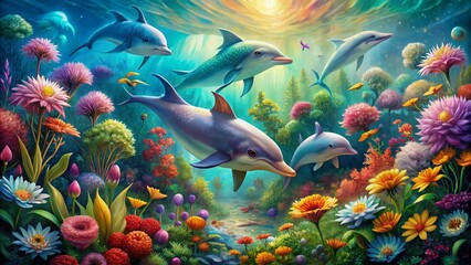 Whimsical illustration featuring adorable dolphins swimming amidst vibrant flowers, seaweed, and oceanic elements in a colorful, dreamy, and fantastical underwater scenery.