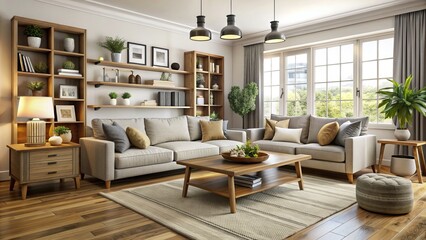 A clutter-free, modern living room with organized furniture and decorative items, showcasing a well-managed home inventory with a calm and inviting atmosphere.