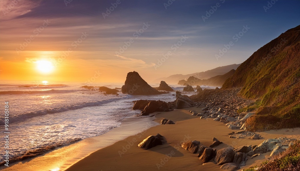 Wall mural beach and rocks on the pacific ocean coast at sunset