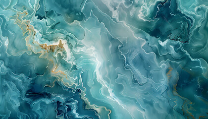 Obraz premium Abstract fluid art in shades of teal and gold, creating a mesmerizing pattern of swirling shapes.
