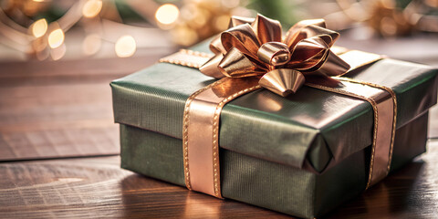 Green Gift Box With Gold Ribbon And Bowknot On Wooden Table, Holiday, Birthday, Christmas, Packaging, Present, copy space
