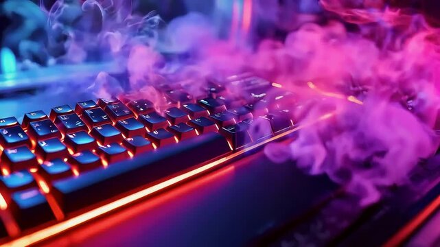 Illuminated keyboard with pink and blue smoke.