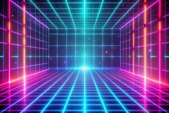 Vibrant neon lights form a retro 80s style grid pattern in a mesmerizing digital backdrop, evoking nostalgia and perfect for marketing campaigns, parties, or vintage art.