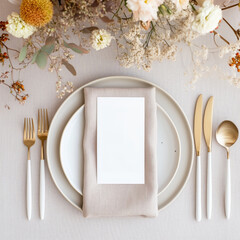 Elegant Table Setting with Gold Cutlery and Neutral Tones, Featuring a Blank Menu Card and Floral Arrangement, Perfect for Weddings, Events, and Fine Dining