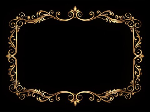Elegant thin vintage gold frame on black background with ornate details, perfect for adding text or images, adds luxury and sophistication to any design.