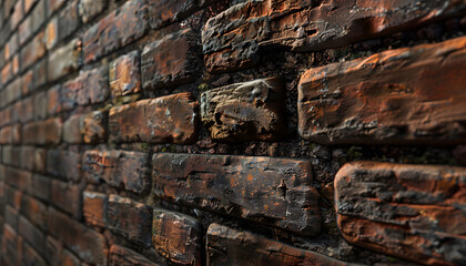 Close-up of an aged, weathered brick wall with deep textures and rich earthy tones.