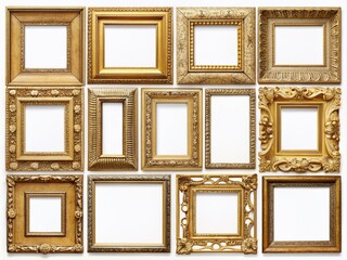 Collection of antique gold picture rectangular frames isolated on a transparent background, PNG