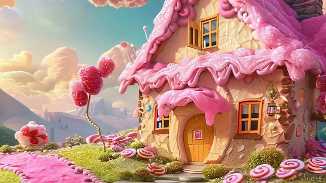 The home resembles a cake with a pink roof, cherry on top, lollipop blooming on the farm, and a colorful family of candies.