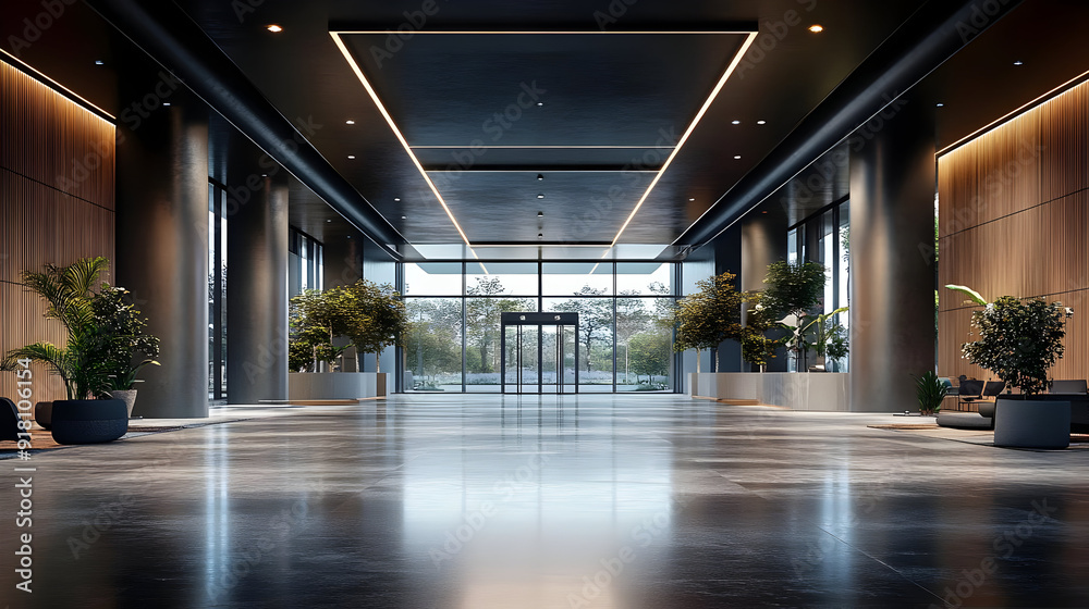 Sticker Modern lobby with glass doors and plants.