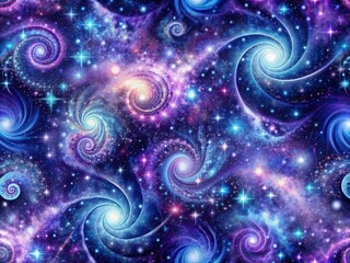 Vibrant swirls of purple, blue, and silver nebulae dance across a black cosmic background, creating an intricate, seamless pattern of stars and galactic wonder.