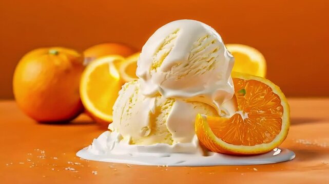 Melted vanilla ice cream scoops with orange slices on orange background.