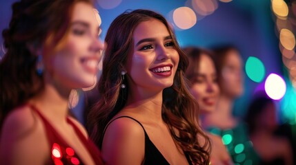 Elegant Winter Formal Fashion Showcase with Models in Glamorous Dresses and Suits at Festive Event